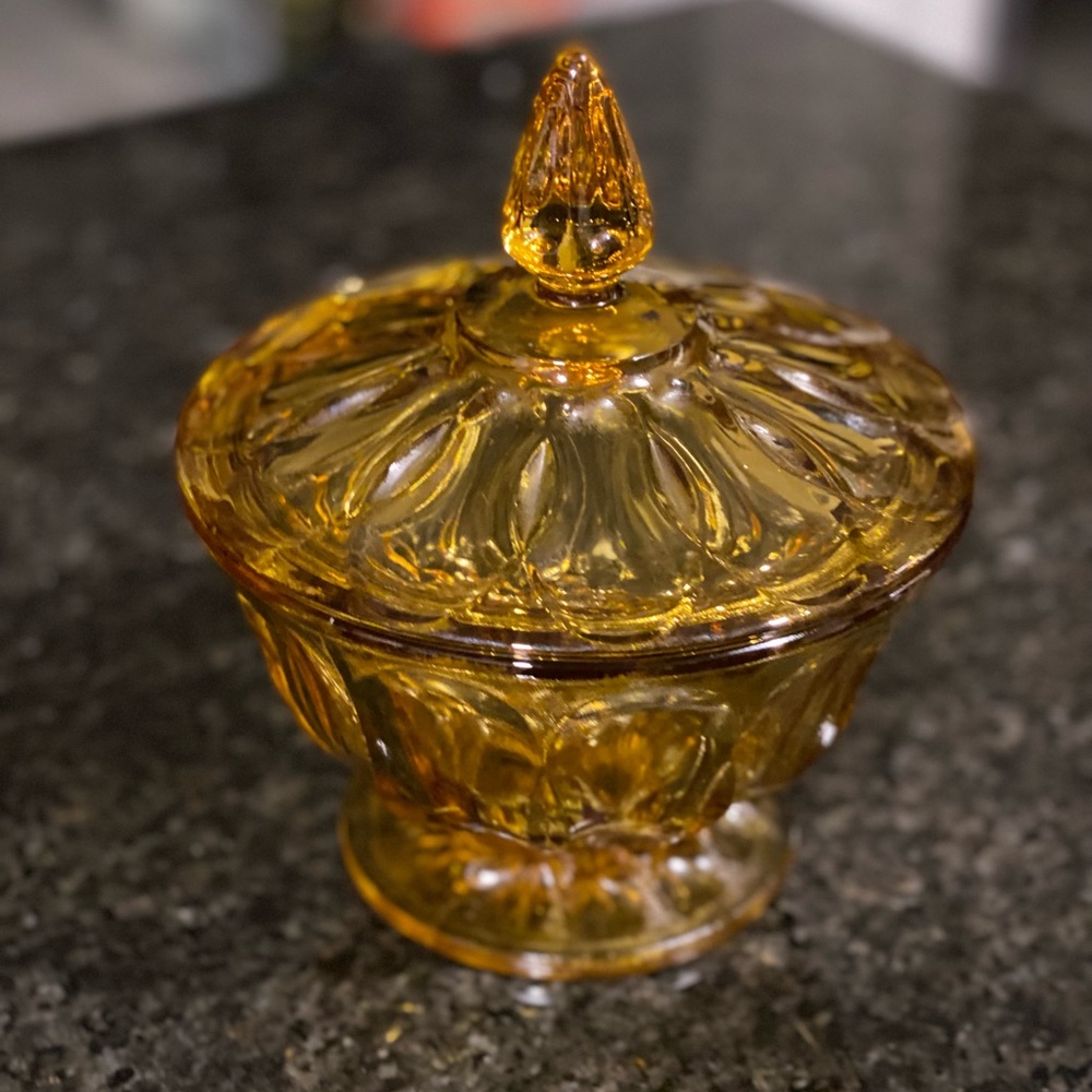 Vintage Amber Yellow Glass Covered Candy Dish 70s